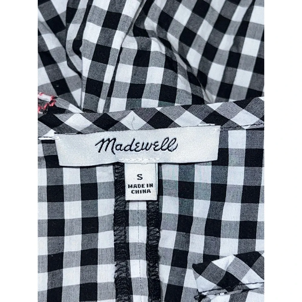 Madewell Gingham Embroidered Slit Neck Peasant Blouse Women's Size S Black White